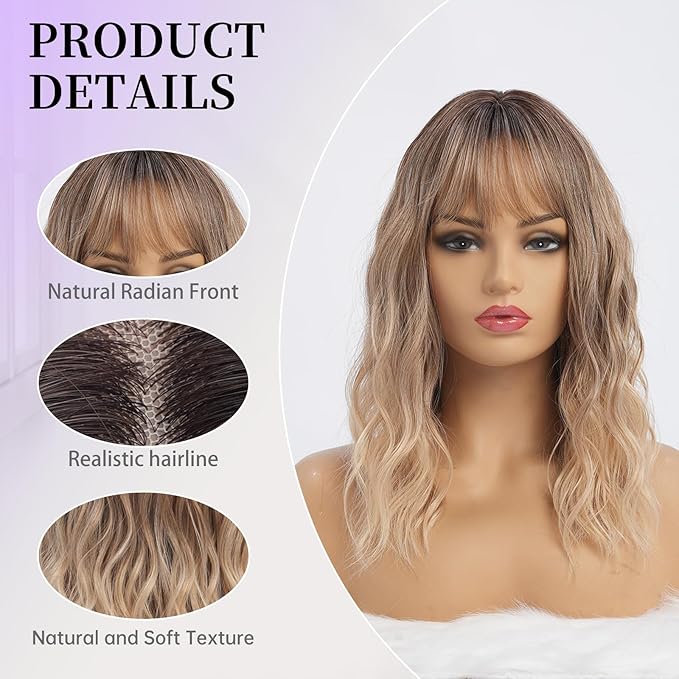 Wavy Long Ombre Blonde Wigs with Bangs for Women Medium Middle Length Blond Wig Synthetic with Water Wave Fringe Womens Heat Resistant Hair Wig for Daily Party Use (16inch)
