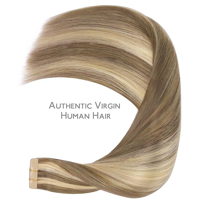WENNALIFE Tape in Hair Extensions Human Hair, 20pcs 50g 16 inch Ash Brown with Platinum Blonde Highlights Remy Hair Extensions Straight Human Hair Tape in Extensions Skin Weft Tape Extensions
