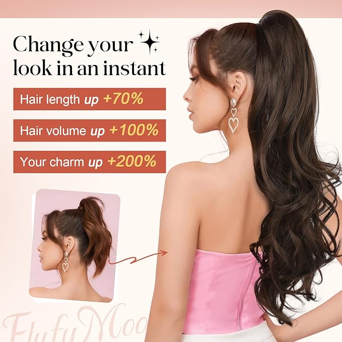 FLUFYMOOZ 26" Ponytail Extension, Long Wavy Curly Claw Clip in Ponytail Hair Extensions, Natural Synthetic Hairpiece for Women Daily Wear(Copper Red)