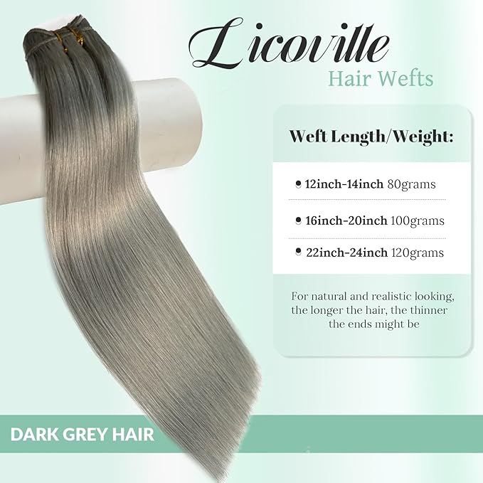 12 Inch Silver Grey Weft Sew in Hair Extensions Real Human Hair Weft Bundles, Hand Tied Silver Gray Sew in Weft Human Hair Extensions, 80G Per Bundle with Thick Full Ends