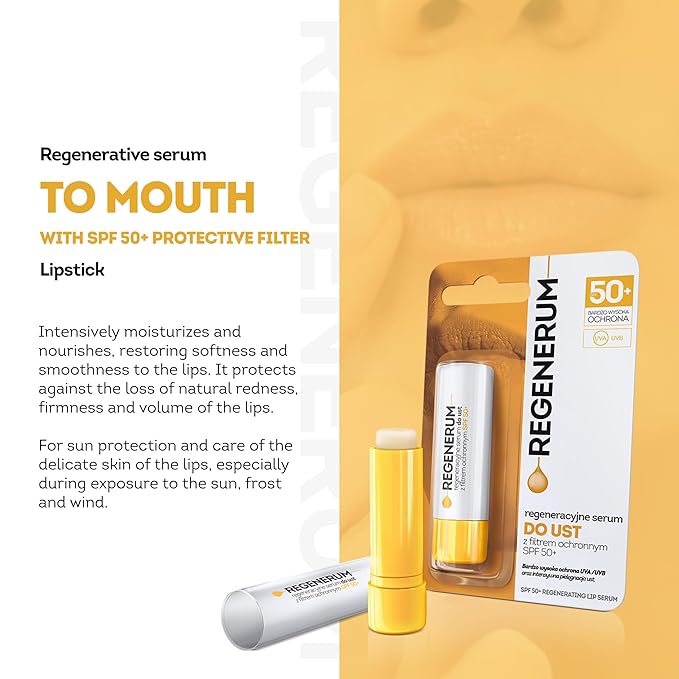 Regenerum - SPF 50+ Regenerating Lip Serum - Sunscreen and Conditioner, Hydrating and Nourishing Vitamin E Prevents Dryness and Pigment Loss - 5g
