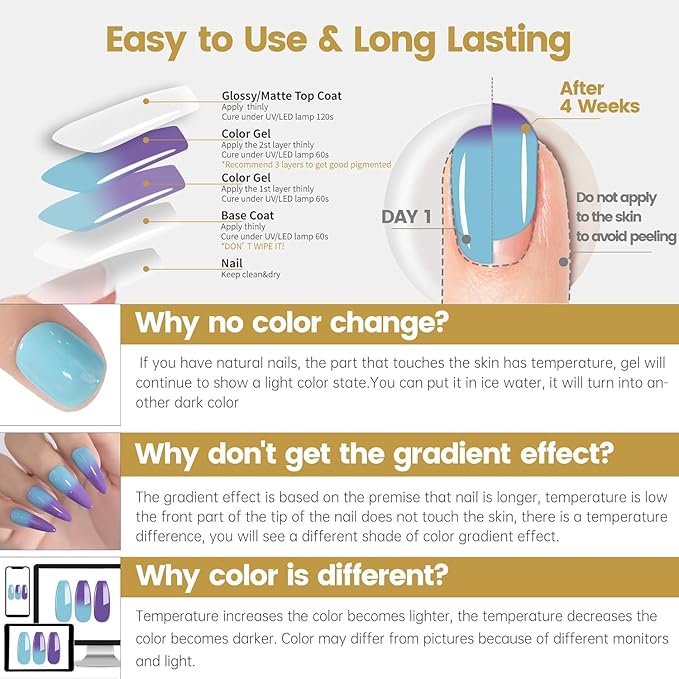 YTD Likomey Color Changing Gel Nail Polish 2 Pcs Set,15ml Tiffany Blue To Purple Pure Color and Glitter Kit,Thermal Ombre Change Colors Salon Manicure Fall Winter UV Nail Varnish,WB2-8