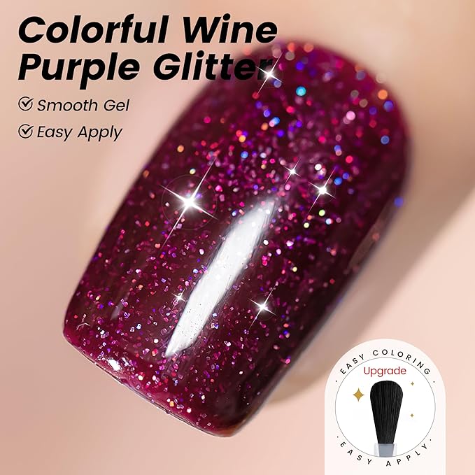 YTD Likomey Gel Nail Polish,15ml Colorful Wine Purple Glitter Fall Winter Dark Plum Shimmer Shiny Sparkly Salon Home DIY Manicure UV Color Varnish,SF402