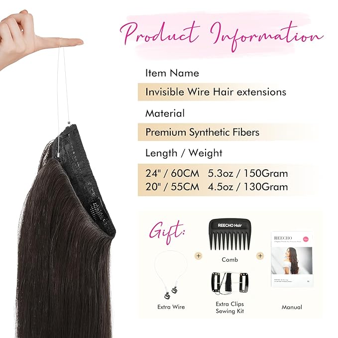 REECHO Invisible Wire Hair Extensions with Transparent Headband Adjustable Size Removable Secure Clips in Straight Secret Hairpiece for Women (20 Inch (Pack of 1), Black Brown)