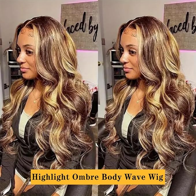 34 Inch Honey Blonde Ombre Lace Front Wig Human Hair Highlight Body Wave Lace Front Wigs Human Hair Pre Plucked 180 Density Glueless 13X4 HD Lace Frontal Wig for Women 4/27 Colored