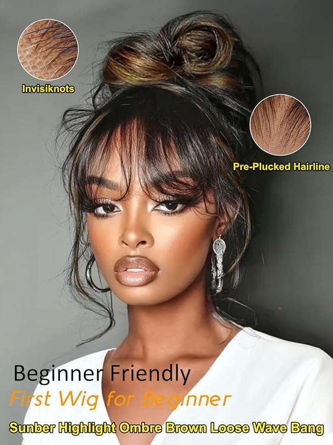 Sunber Ombre Brown Highlight Balayage Loose Body Wave With Bangs Glueless Wigs Pre cut 7x5 HD Lace Front Bye Bye Knots Drawstring Wig 26Inch Put On Go Pre Plucked Bleached Invisible Knots 180% Density
