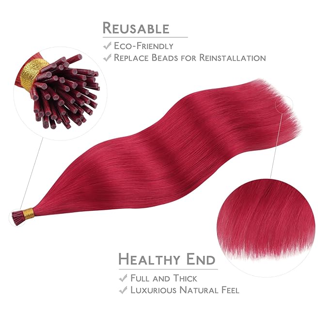 WENNALIFE I Tip Hair Extensions Human Hair, 50g 50s 24 Inch Red Remy Itip Human Hair Extensions Invisible Itips Straight I Tips Fusion Extensions Real Human Hair