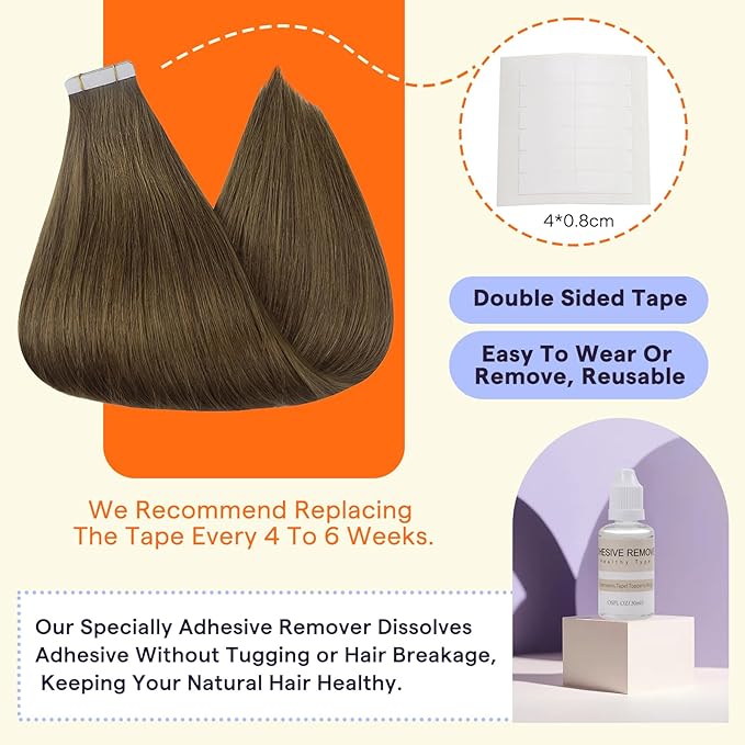 Full Shine Tape in Hair Extensions Color 3 Brown Straight Invisible Double Sided Tape Ins Human Hair Extensions 20PCS Soft Seamless Skin Weft Extensions for Women 22 Inch Add Length 50G
