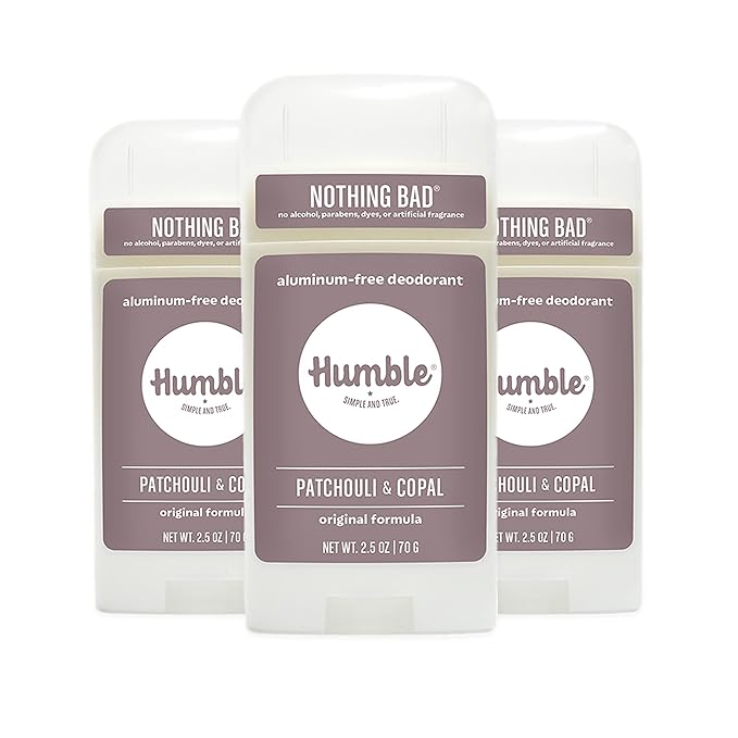 HUMBLE BRANDS Original Formula Aluminum-free Deodorant. Long Lasting Odor Control with Baking Soda and Essential Oils, Patchouli and Copal, Pack of 3