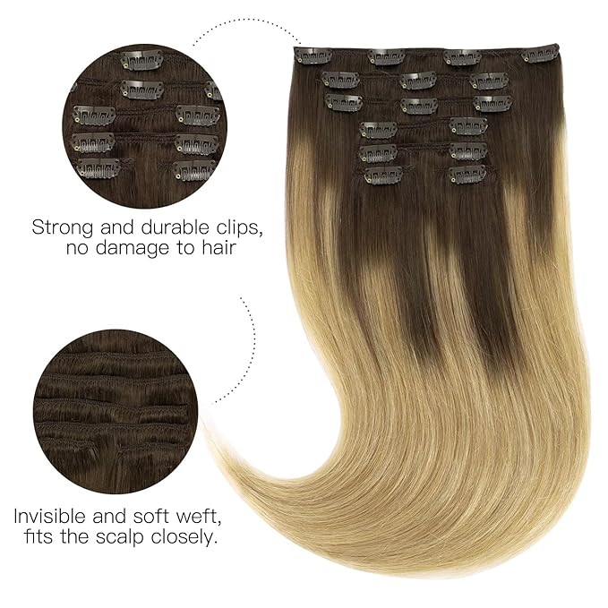 HOTBANANA Human Hair Clip in Hair Extensions, Balayage Chocolate Brown to Dirty Blonde 120g Clip in Hair Extensions Real Human Hair Straight Remy Hair Clip Ins Dark Roots Ombre 20 Inch 7pcs