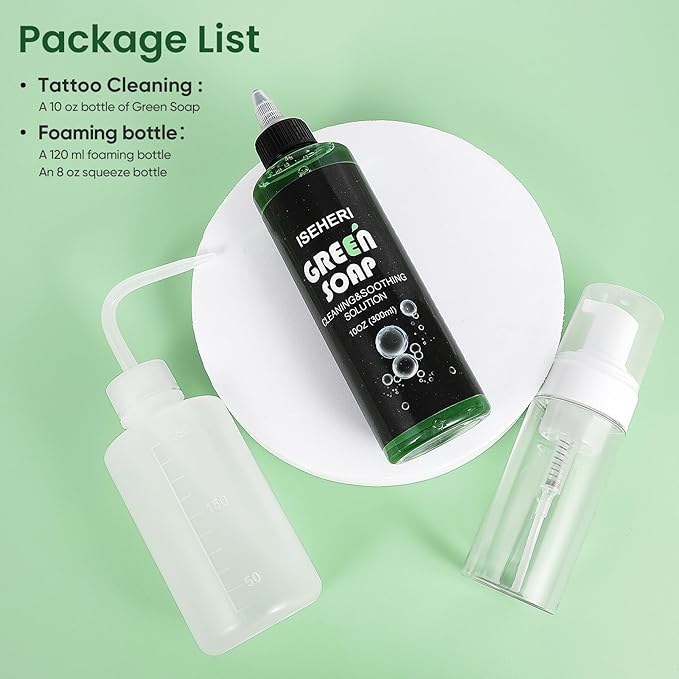 Ultra Concentrated Green Soap Tattoo (10 oz) with 120ml Foaming Bottle and 8 oz Squeeze Bottle – Tattoo Supplies for Tattoos, Piercings, Skin and Equipment Cleaning