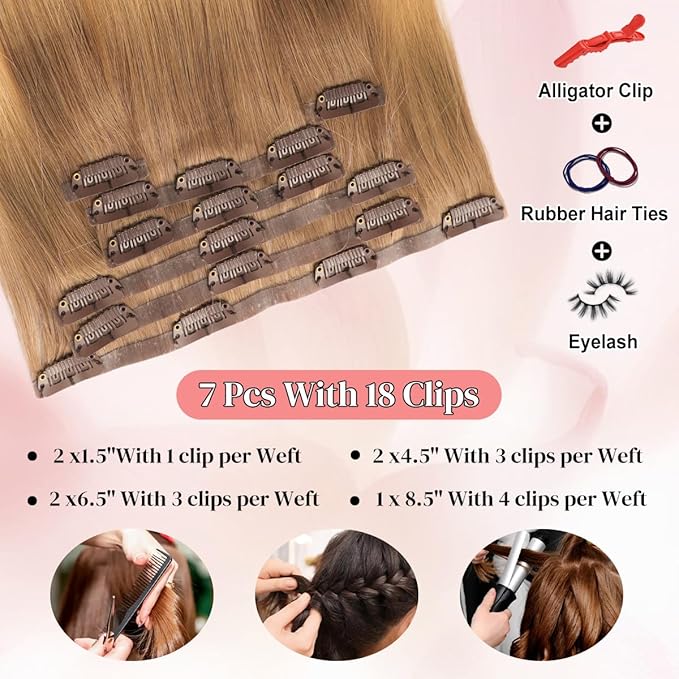 Seamless Clip in Hair Extensions Real Human Hair For Women 125g 20 Inch Medium Brown and Light Golden Brown Balayage Invisible PU Skin Weft Remy Human Hair Extensions clip ins 7Pcs 18 Clips