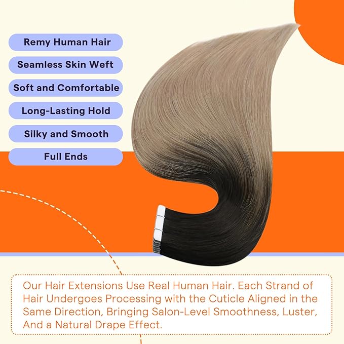 Full Shine Human Hair Extensions Tape in Color 1B/18 Dark Black Fading to Blonde 50g Invisible Double Sided Remy Tape Ins Human Hair Extensions 20 Inch Straight Soft and Silky 20PCS Add Length
