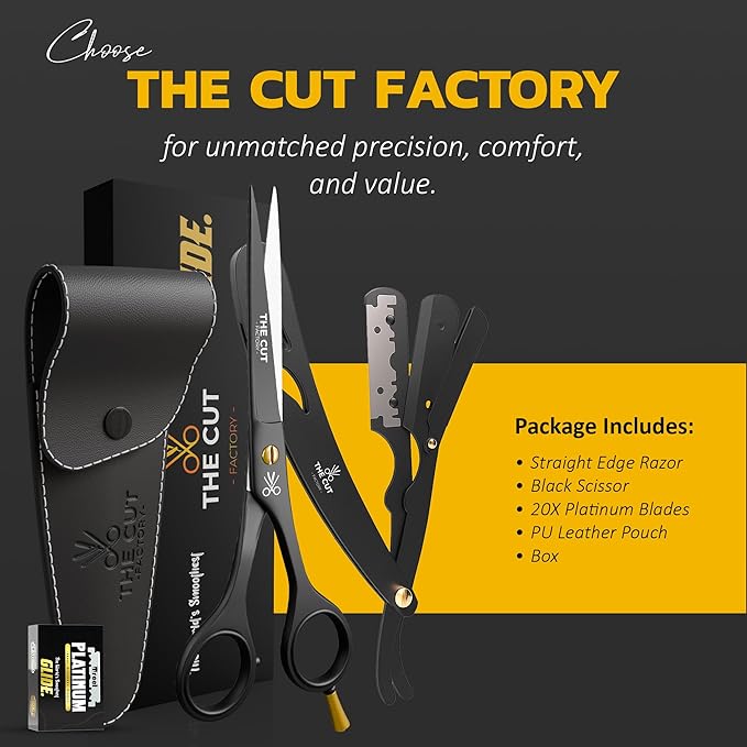 The Cut Factory- Hair Cutting Scissors & Straight Razor Barber Kit with Leather Pouch – Professional Hair Scissors, Barber Scissors & Razor with 20 Replaceable Blades