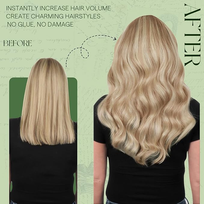 RUNATURE Human Hair Clip in Extensions, 24 Inch Clip in Hair Extensions Real Human Hair, Double Weft Full Head Straight Remy Hair 135g 7pcs #18P60 Ash Blonde Highlight Platinum Blonde