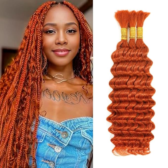 Human Braiding Hair for Boho Braids Deep Wave Bundles Human Hair 150g 22 inch Ginger 3 Bundles No Weft Brazilian Virgin Deep Curly Extensions