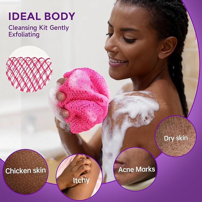 2 Pieces African Net Sponge Authentic, Durable Back Scrubber Washcloth for Shower, Exfoliating Net Sponge for All Skin, Bathing Accessories for Women (2 Pack (Pink and Purple))