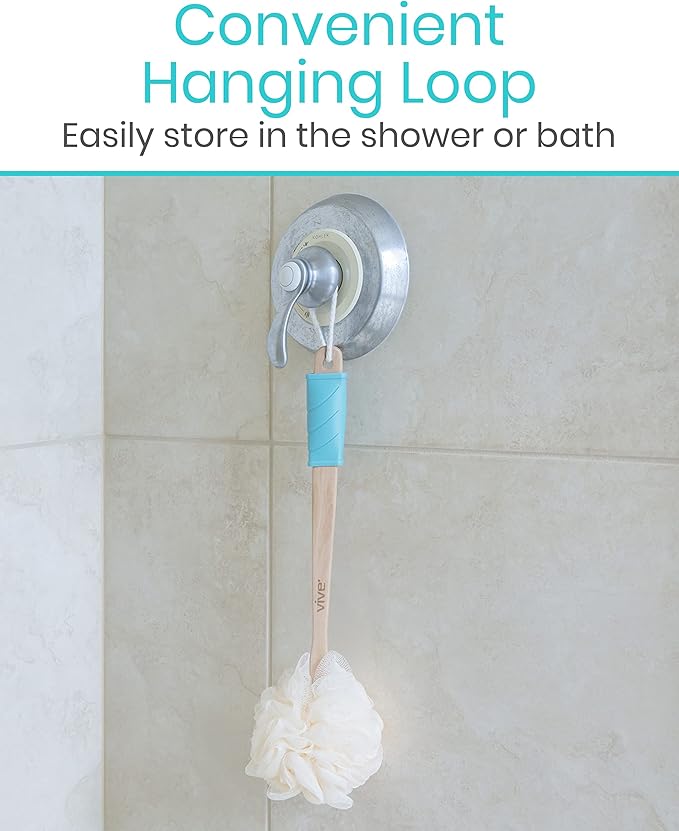 Vive 17” Shower Loofah with Long Handle - Exfoliating Back & Body Scrubber for Men & Women - Luffa Sponge on a Stick for Bathing, Cleaning - Includes Extra Handheld Lufa, Hook & String to Hang on Wall