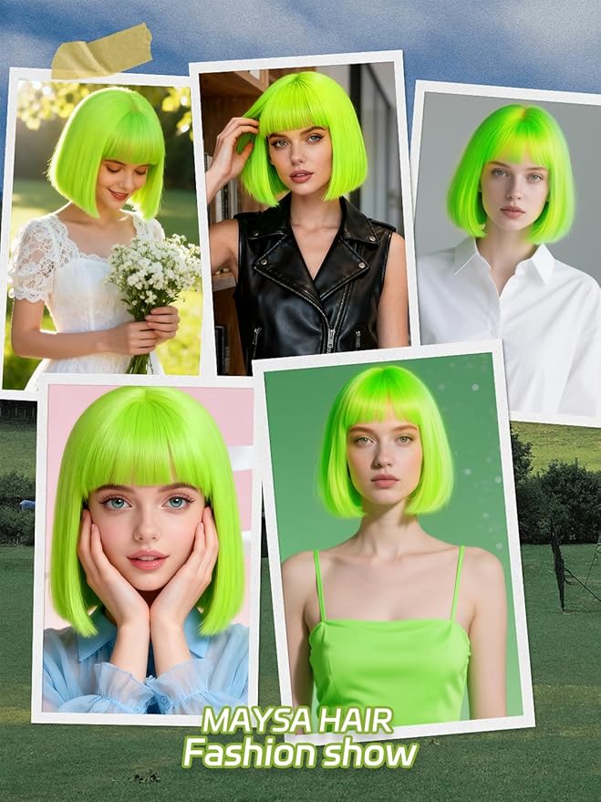 MAYSA Bob Wig with Bangs Green Wig 12inch Short Wigs for Women Synthetic Colorful Cosplay Party Wigs # Fluorescent Green