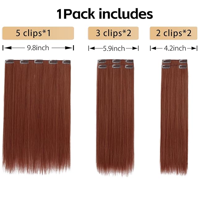 Hair Extension Clips Straight Invisible 18 Inch Long Thick Synthetic Clip in Extensions 5PCS Soft and Beautiful Copper Red Hairpieces Heat Resistant for Women Weddings Party Daily Use 6.5 Oz