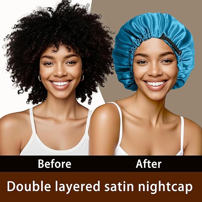 Large Microfiber Hair Towel Wrap & Satin Bonnet Set for Women, Ultra Absorbent Turban 24x42 Inches & Adjustable Night Cap for Curly Hair, Prevents Frizz & Breakage, Stocking Stuffers