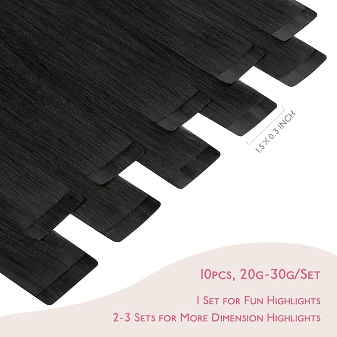 WENNALIFE Tape in Hair Extensions Human Hair Natural Black Tape in Extensions, 10pcs 30g 24 inch Remy Invisible Tape Ins Straight Colored Soft Real Human Hair Tape in Extensions Refill Set Extensions