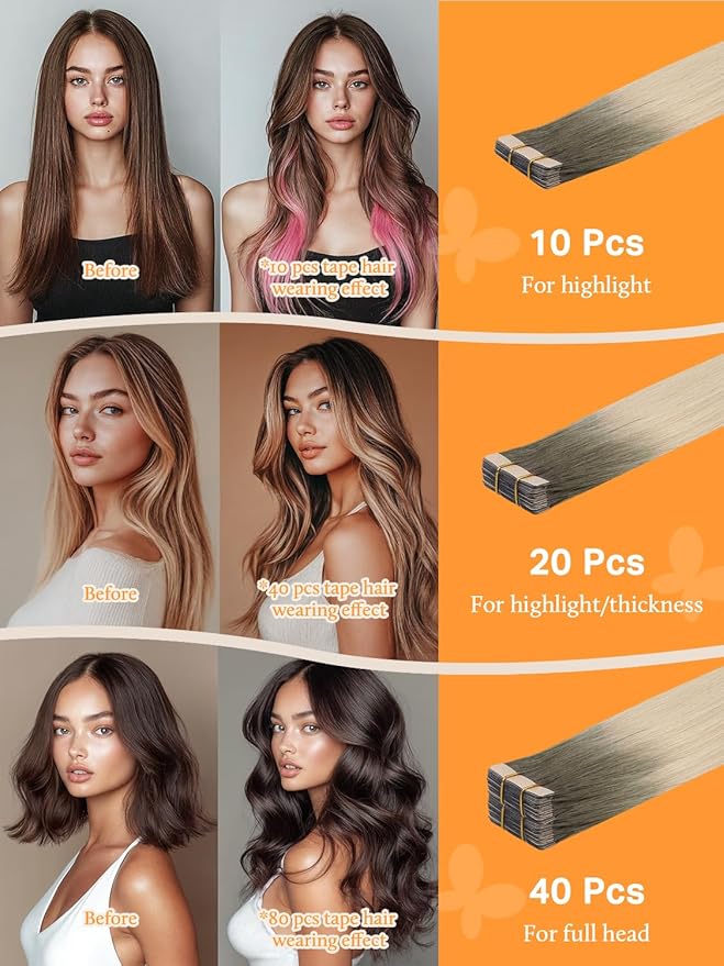 DOORES Human Hair Extensions Tape in Balayage Light Ash Brown to Ash Blonde 14 Inch 40pcs 100g Tape in Remy Human Hair Extensions Hair Extensions Straight
