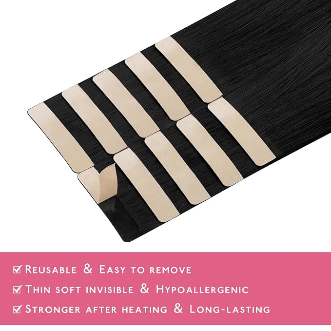 WENNALIFE Tape in Hair Extensions Human Hair Jet Black Tape in Extensions, 10pcs 30g 22 inch Remy Invisible Tape Ins Straight Colored Soft Real Human Hair Tape in Extensions Refill Set Extensions