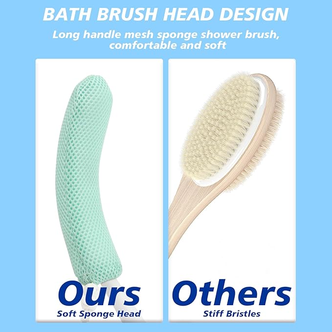 Back Scrubber for Shower，Mesh Sponge Body Shower Brush with Long Handle for Use in Shower Back Scrubber,Back Scrub for Exfoliating Body Scrubber or Shower Brush (Blue and White)