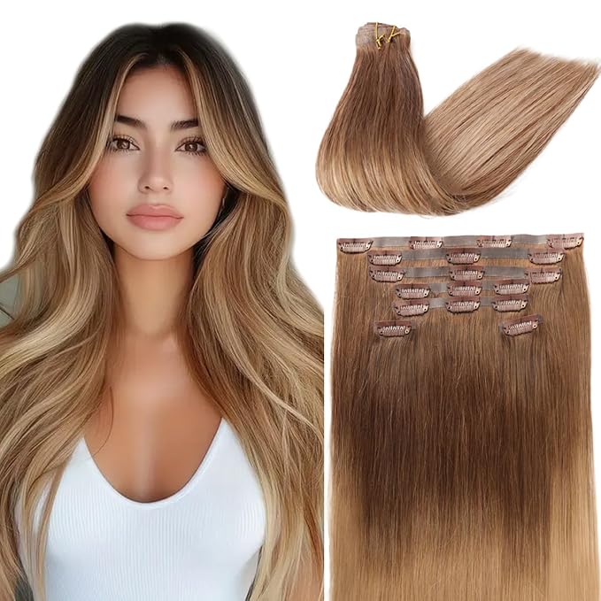 Seamless Clip in Hair Extensions Real Human Hair For Women 125g 20 Inch Dark Blonde and Light Blonde Balayage Invisible PU Skin Weft Remy Human Hair Extensions clip ins 7Pcs 18 Clips