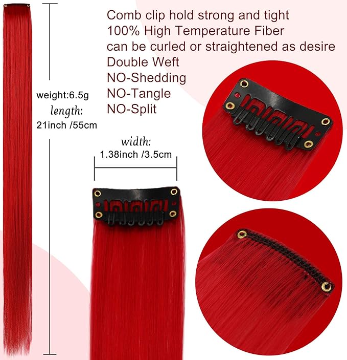 Rhyme 9PCS 21" Colored Clip in Hair Extensions Red Wig Hairpieces for Kids Girls Hair Clips Birthday and Holiday Party Highlights Dress Up hair Accessories (Red)