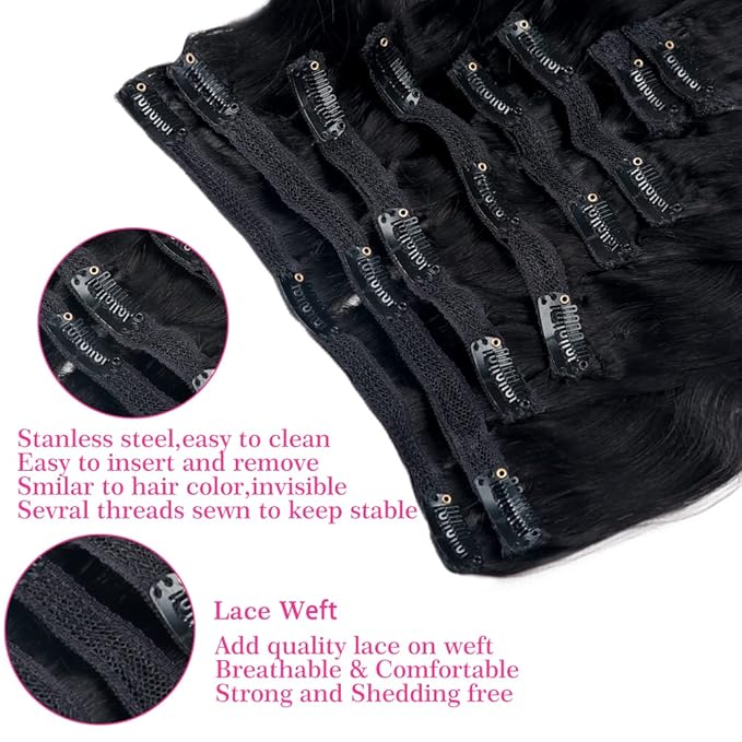 26Inch Clip in Hair Extensions Real Human Hair Body Wave 8Pcs Brazilian Human Hair Clip in Extensions with 18Clips Double Lace Weft 120g #1B Natural Black