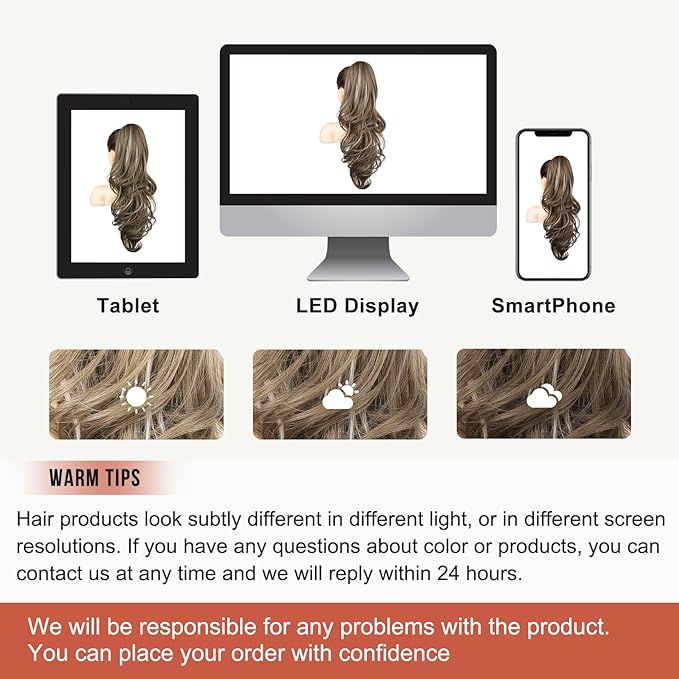 FLUFYMOOZ 26" Ponytail Extension, Long Wavy Curly Claw Clip in Ponytail Hair Extensions, Natural Synthetic Hairpiece for Women Daily Wear(Medium Brown Ash Blonde)