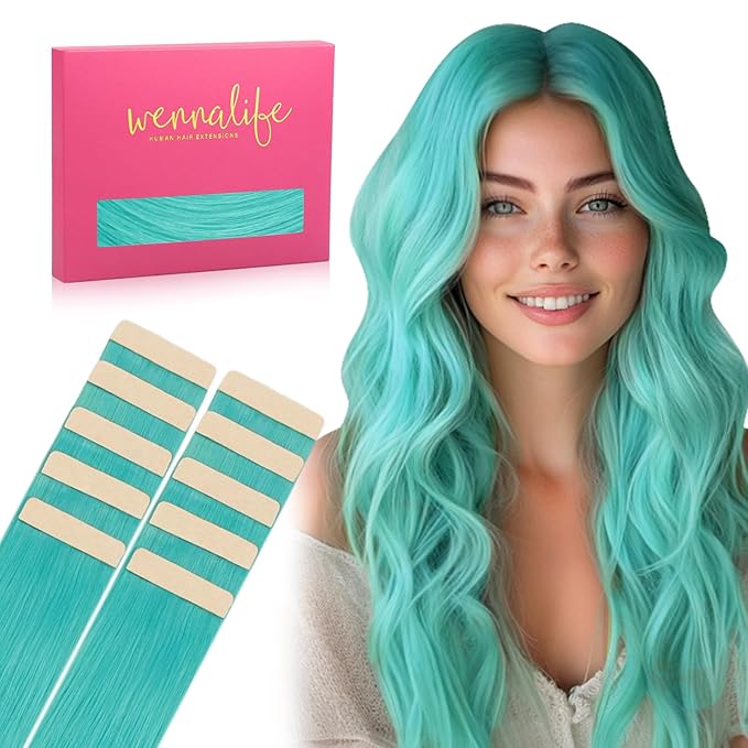 WENNALIFE Tape in Hair Extensions Human Hair Teal Green Tape in Extensions, 10pcs 25g 14 inch Remy Invisible Tape Ins Straight Colored Soft Real Human Hair Tape in Extensions Refill Set Extensions