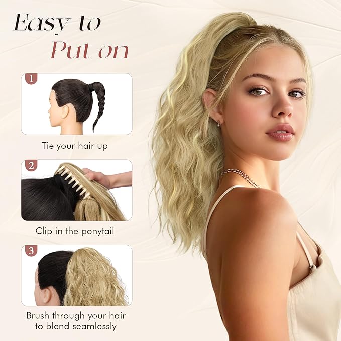 SOFEIYAN Ponytail Extension, 16 inch Claw Clip Ponytail Extension Wavy Curly Ponytails Synthetic Pony Tails Hair Extensions Natural Fake Hairpiece for Women - Blonde&Gold Highlights