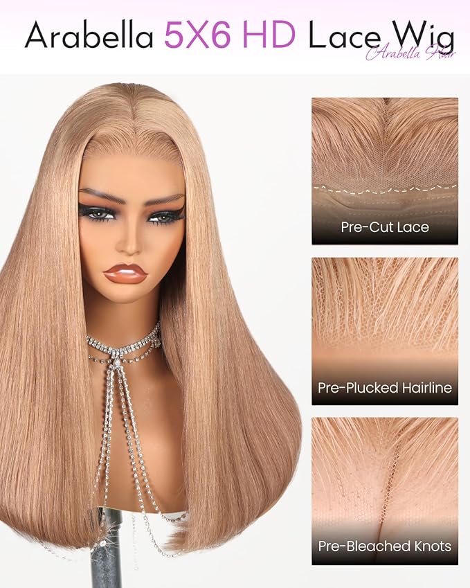 Arabella Blonde Wig Human Hair 230% Density Ready to Go Glueless Wigs Human Hair Pre Plucked Pre Cut 5x6 Lace Closure Wigs Human Hair Milk Tea Blonde Wig (20 Inch Straight Light Brown Wig)