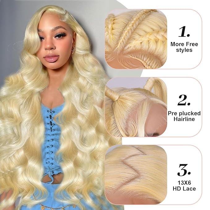 613 13x6 Lace Front Wig Human Hair 26 Inch Blonde Wig Human Hair 210% Density Body Wave HD Transparent Lace Front Wigs Pre Plucked Blonde HD Lace Frontal Wig 13x6 613 Lace Front Wig for Women