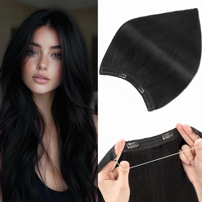 Halo Hair Extensions Real Human Hair,Halo Hair Extension 100% Human Hair, Wire Hair Extensions,Straight 01 Jet Black 14inch/60g