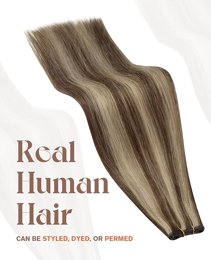 Sunny Hair Genius Weft Hair Extensions Human Hair Highlights Sew in Hair Extensions Real Human Hair Dark Brown Mix Caramel Blonde Genius Weft Human Hair Extensions Silky Soft Texture 14inch