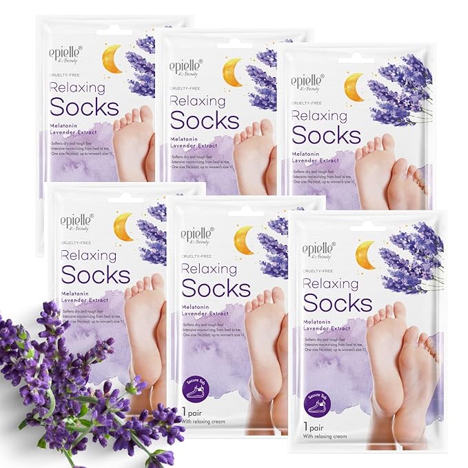 Epielle Relaxing Foot Mask 6 Pairs, Soften and Restore with Melatonin & Lavender Extract, Deep Moisturizing Socks for Dry, Cracked Feet, Self Care Gifts for Women, Spa Kit, Stocking Stuffers