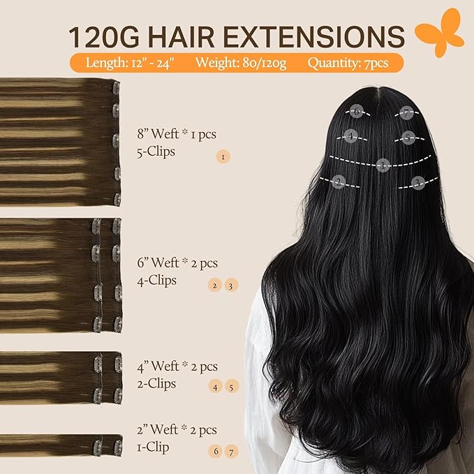 DOORES 24 Inch Human Hair Clip in Extensions, Balayage Chocolate Brown to Caramel Blonde 120g 7pcs, Hair Extensions Clip in Remy Human Hair Extensions Natural Straight Weft
