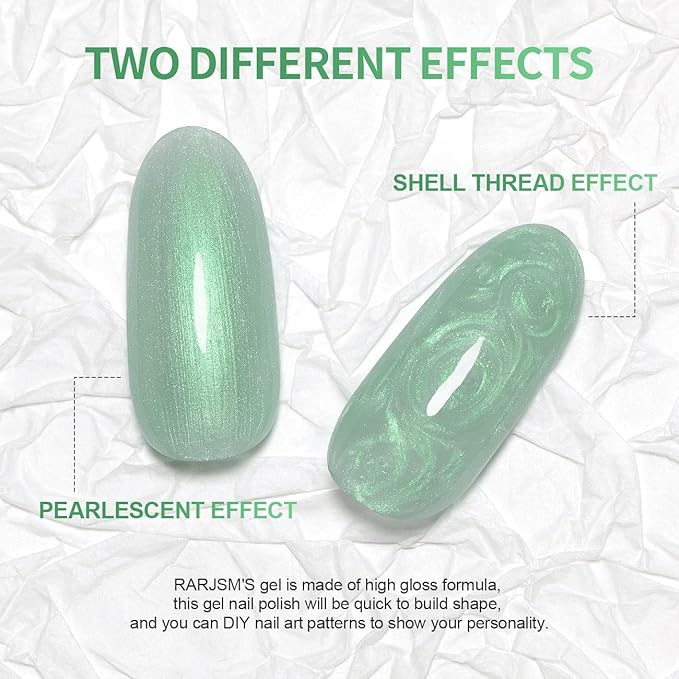 RARJSM Pearl Gel Nail Polish,15ML Light Green Pearlescent Gel Polish,Glitter Shell Gel Polish Green Shimmer Mermaid Nail Gel Polish Soak Off LED UV Drawing Swirl Thread Effect for DIY Manicure Use