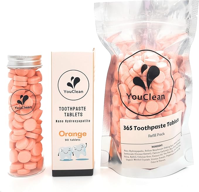 90 Toothpaste Tablets in Refill/Recycle Glass Tube - for Travel and Daily Home Office Use - Nano Hydroxyapatite, Fluoride-Free, Vegan (Orange90)