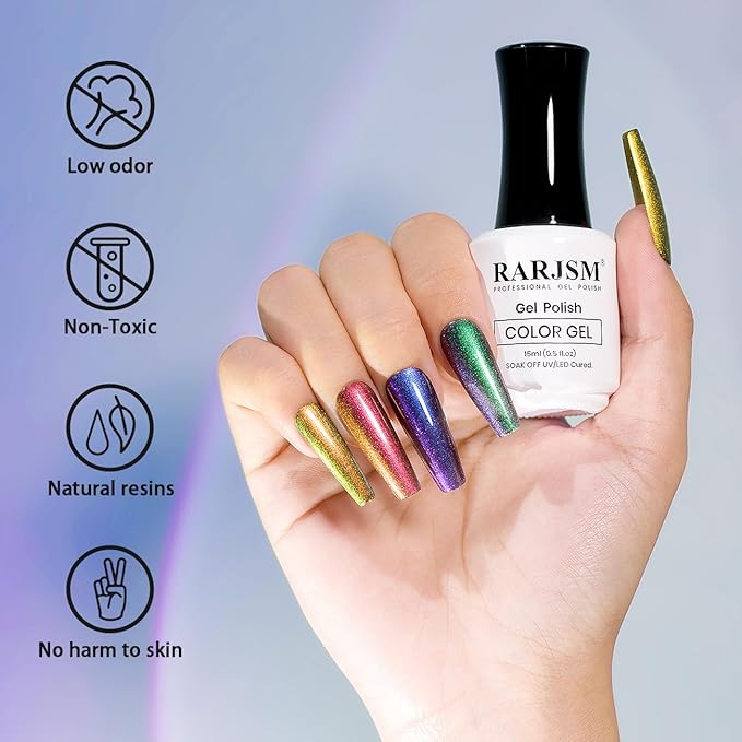 RARJSM Chrome Chameleon Gel Nail Polish Dark Purple to Red Multichrome Color Changing Holographic Glitter Gel Polish Curing Requires Sparkle Shimmer Nail Gel Varnish Soak Off DIY at Home Salon 15ml