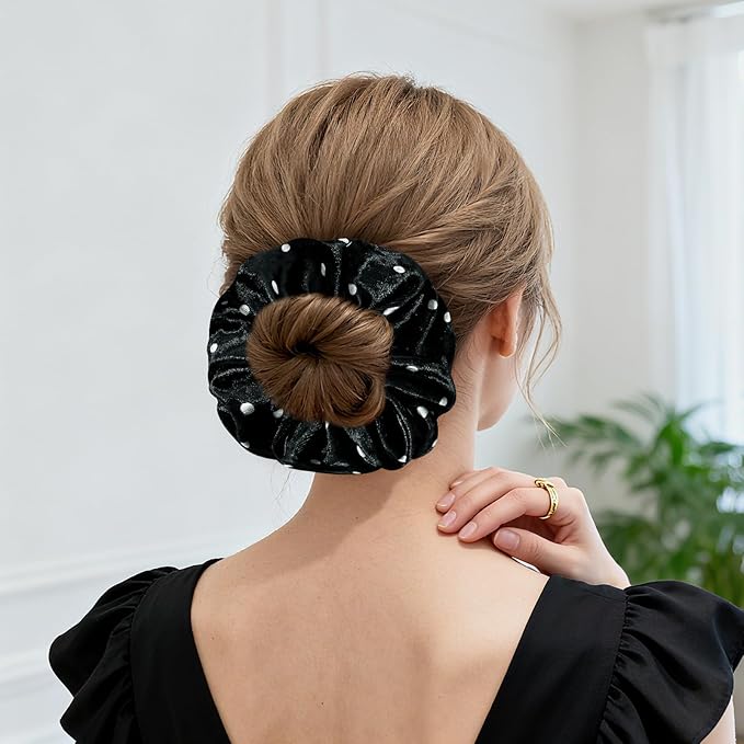 2-Piece Velvet Hair Scrunchies, Big Non Slip Polka Dot Hair Ties for Daily Styling, Parties & Workouts, No Damage Scrunchy Ponytail Holders Hair Accessories for Women & Girls (Black & Gray)