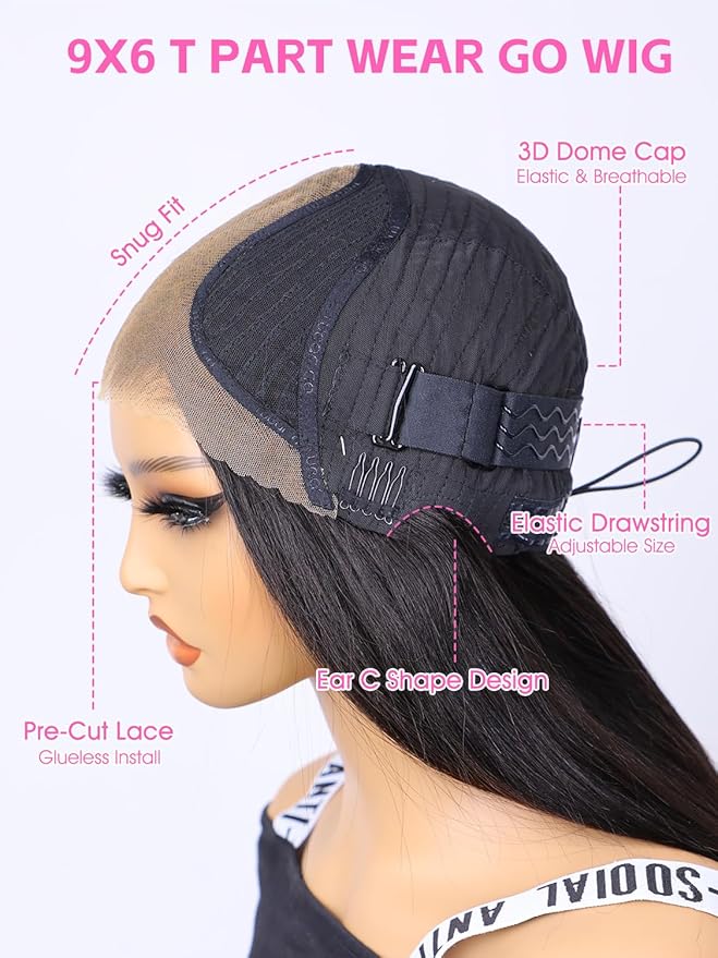 ORIGINAL QUEEN Straight Wear Go Glueless Wigs Human Hair Upgrade 9x6 T-Part Pre Cut Lace Straight Wig Pre-Plucked Flip Over Beginner Friendly Wear Go Drawstring Wig 180% Density 26 Inch