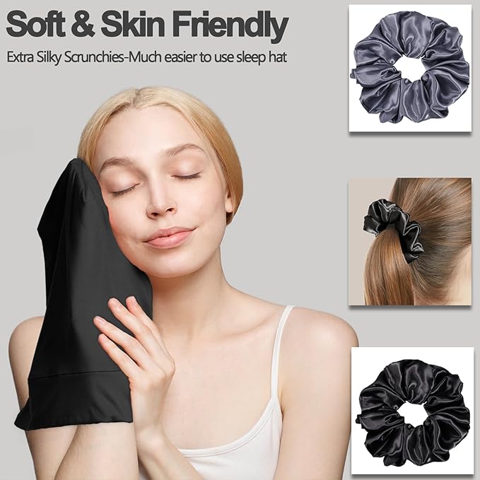 Sleep Cap Bonnet for Sleeping, Adjustable Cooling Ice Silk Lined Hair Bonnets for Natural Curly Braids Beanie Hat Women Men