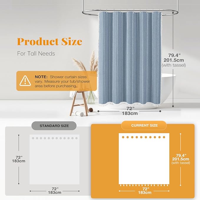 BTTN Boho Farmhouse Shower Curtain - Linen Rustic Heavy Duty Striped Fabric Shower Curtain Set, Bohemian Vintage Country Cloth Shower Curtains for Bathroom, Blue, 72" W x 78" L (Pack of 1)