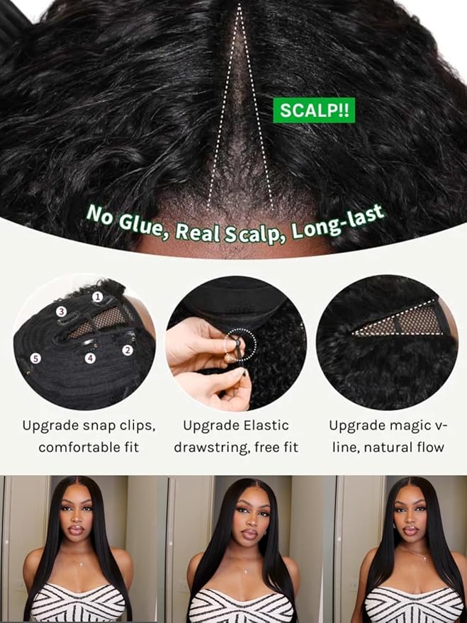 Sunber EasiContour Yaki Straight V Part Human Hair Glueless Wigs with Drawstring No Leave Out No Gel 180% Density Vpart light yaki straight Clip In Half Wigs No Leave Out Real Scalp V Shape 22Inch