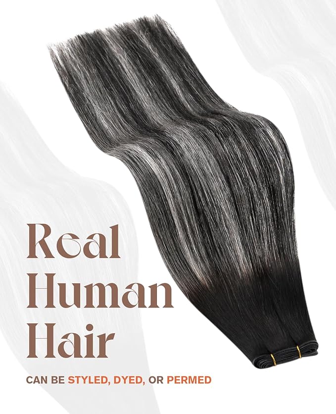 Sunny Hair Genius Weft Hair Extensions Human Hair Balayage Hand Tied Genius Weft Extensions Black Ombre Silver Grey Human Hair Sew In Extensions For Women Short Hair 14 Inch 50G